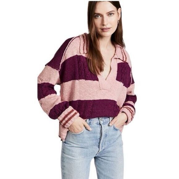 ✨Free People Pembrook Sz Medium Sweater in Moody Pink Combo Striped Cotton✨ - Picture 1 of 12